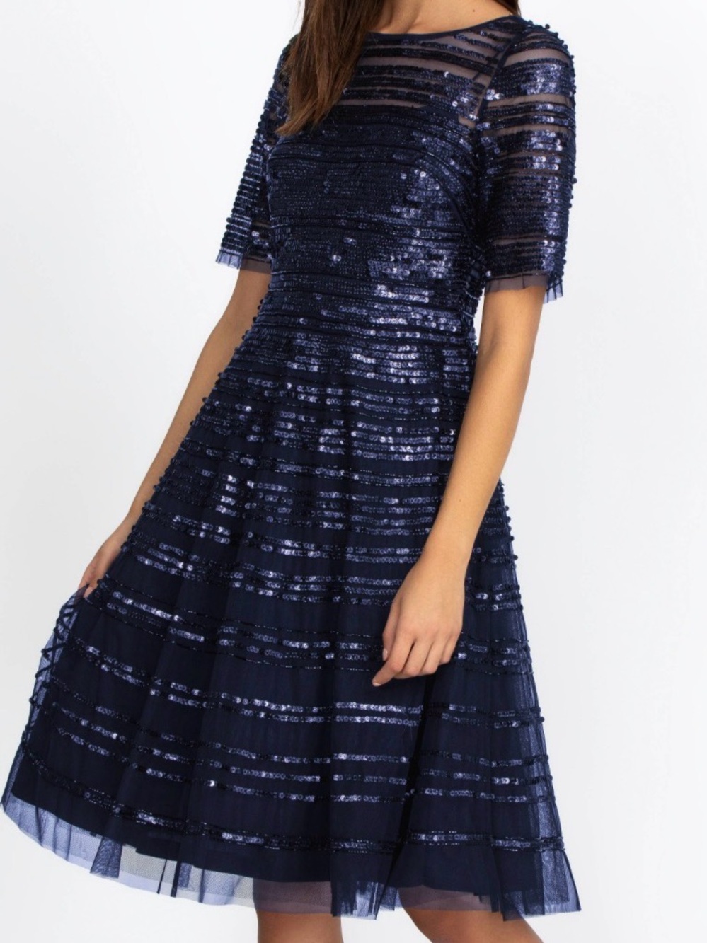 Navy Beaded Short-Sleeve Mesh Midi Dress